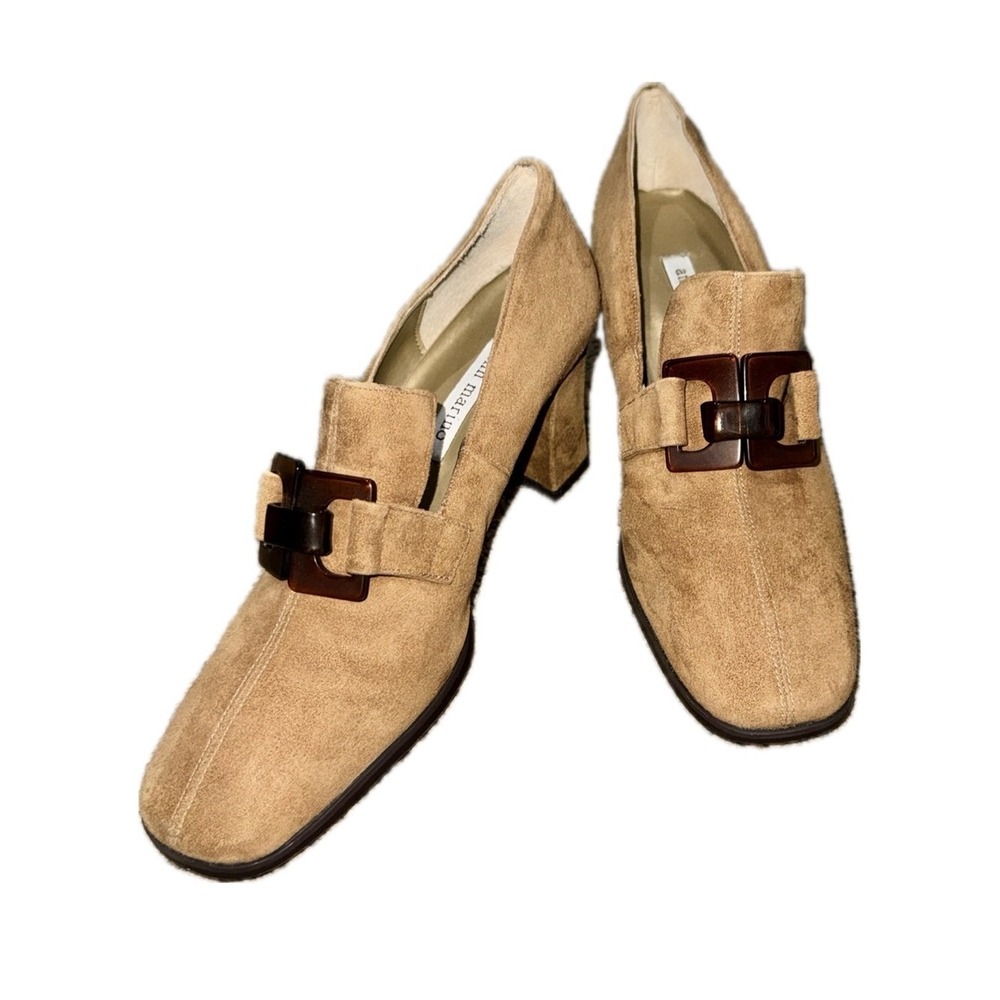 ANN MARINO Vintage Y2K Tan Suede Square Toe Block Heel Pumps Buckle | Women's 9M